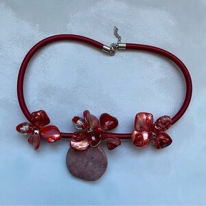 Artisan Elegant Shell Rhodonite Stone Red Floral Chocker Necklace 17" L
